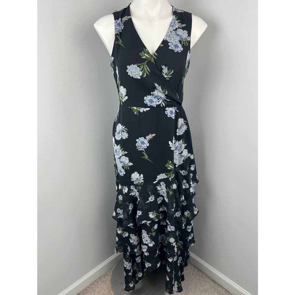 INC Black Floral Chiffon Ruffle Maxi Wedding Guest Dress 6